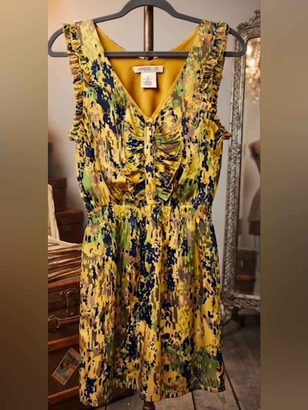Vintage Arden B Yellow and Navy Abstract Ruffle Dress